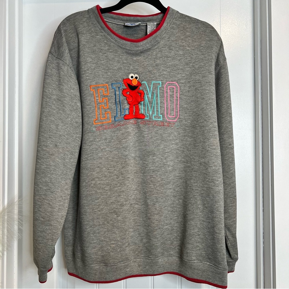 Sesame Street Elmo Vintage Gray Embroidered Sweatshirt w/Red on Banding. XL.